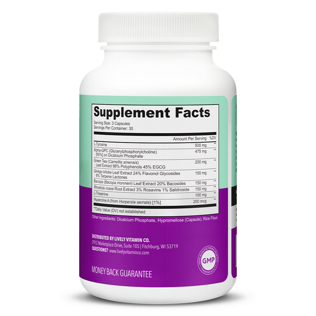 Back label of Lively Vitamin Co. Brain Battery 90 Capsules displaying supplement facts for a 3-capsule serving, including ingredients like L-Tyrosine, Alpha-GPC, Green Tea Extract, Rhodiola, and Bacopa. The label notes 30 servings per container and includes GMP and distributor details.