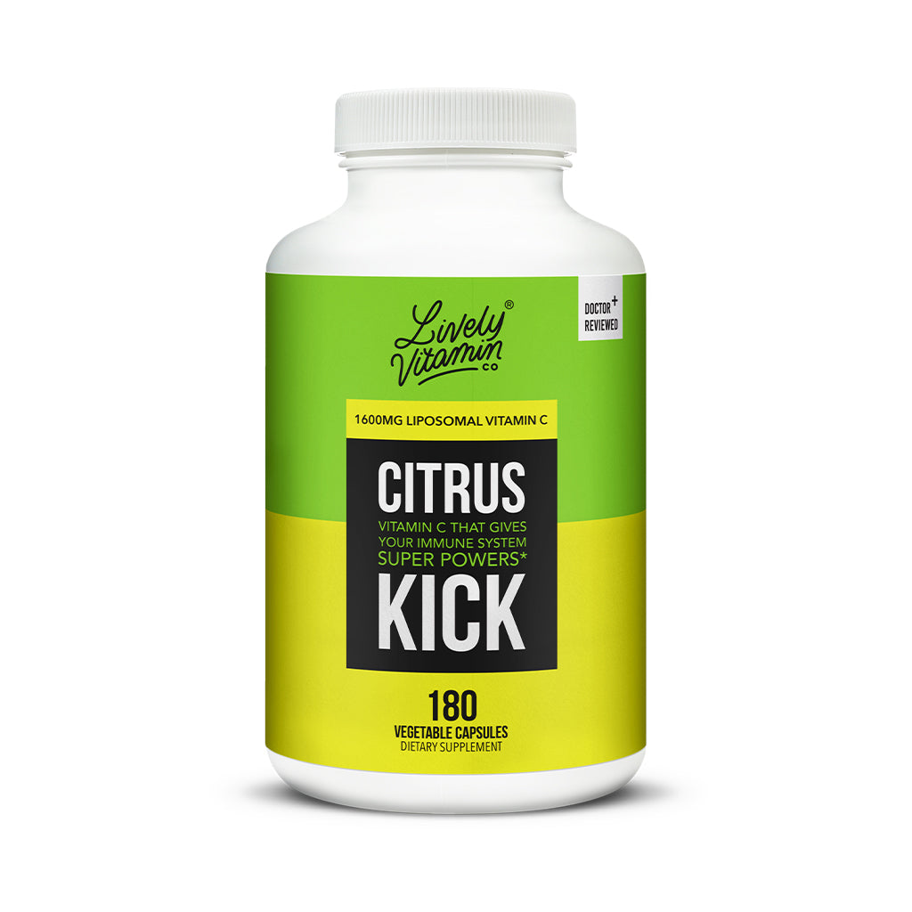 White bottle with bold green and yellow label for Lively Vitamin Co. Citrus Kick, featuring 1600mg liposomal vitamin C. Promotes immune support with the tagline “Vitamin C that gives your immune system super powers.”