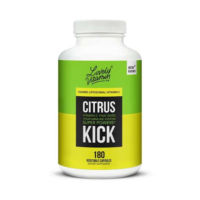 White bottle with bold green and yellow label for Lively Vitamin Co. Citrus Kick, featuring 1600mg liposomal vitamin C. Promotes immune support with the tagline “Vitamin C that gives your immune system super powers.”