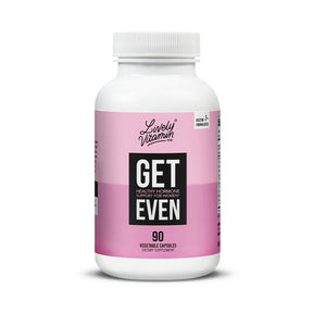 Lively Vitamin Co. Get Even 90 vegetable capsules bottle with white cap and pink label, front view