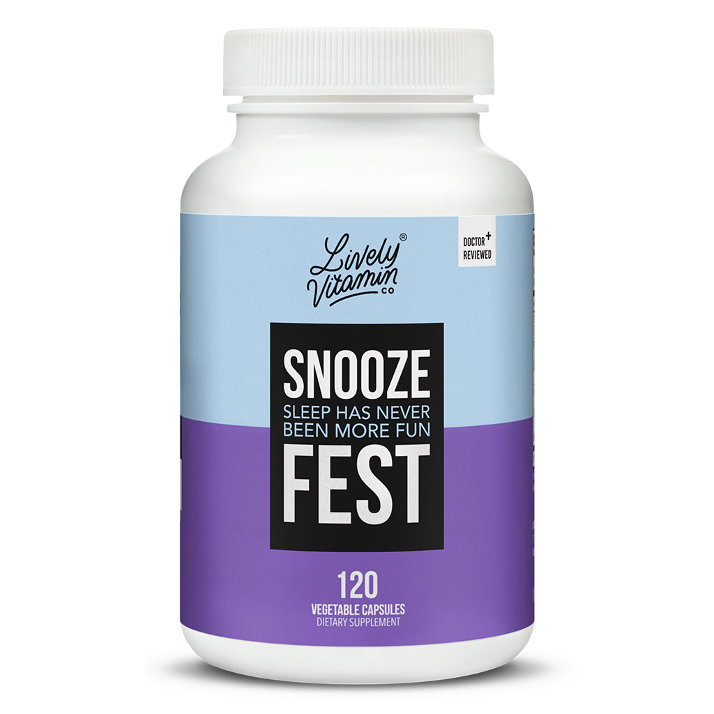 Lively Vitamin Co. Snooze Fest, 120 Vegetable Capsules, front label view. Features a two-tone light blue and purple design, with bold central text: “Snooze Fest – Sleep Has Never Been More Fun.” The product is doctor-reviewed, vegan, and classified as a dietary supplement.