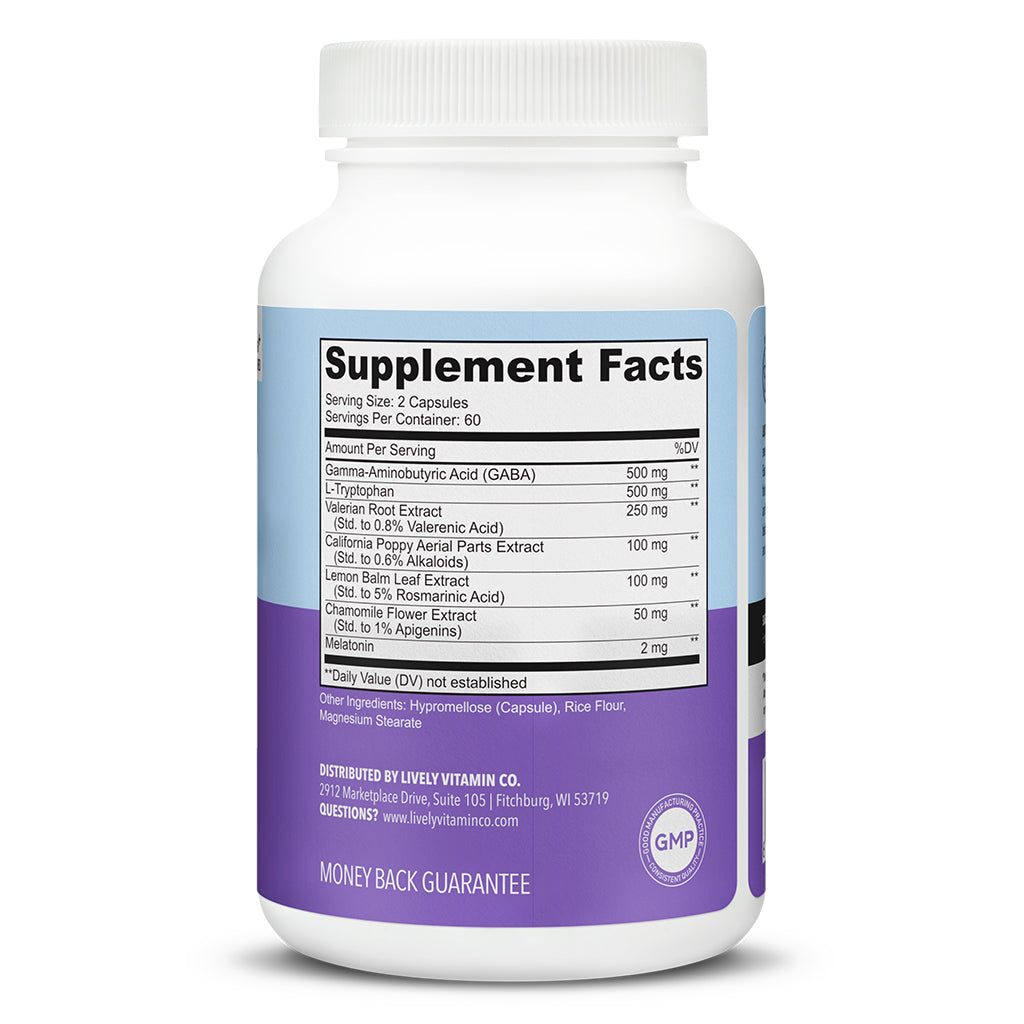 Lively Vitamin Co. Snooze Fest, 120 Vegetable Capsules, supplement facts panel. Each serving of 2 capsules includes 500 mg of GABA, 500 mg of L-Tryptophan, 250 mg of Valerian Root Extract, 100 mg each of California Poppy and Lemon Balm Leaf Extract, 50 mg of Chamomile Flower Extract, and 2 mg of Melatonin. Also lists hypromellose capsule, rice flour, and magnesium stearate as other ingredients. Distributed by Lively Vitamin Co. with GMP and money-back guarantee.