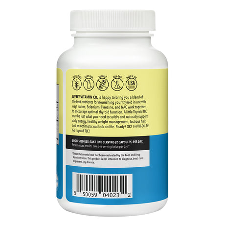 The back label of the Lively Vitamin Thyroid TLC 120 Vegetable Capsules bottle, featuring product information, suggested use, key benefits, and certification icons for gluten-free, soy-free, non-GMO, and made in the USA.