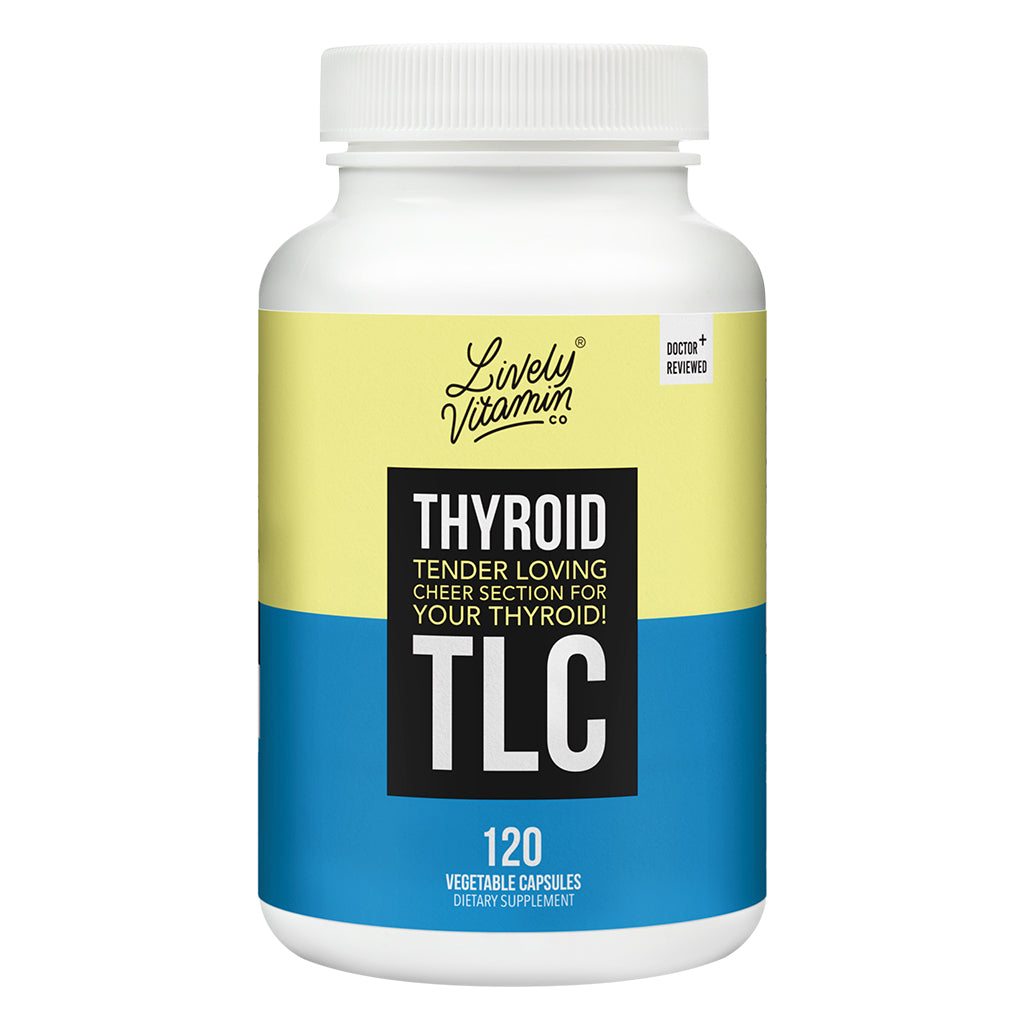 The front label of the Lively Vitamin Thyroid TLC 120 Vegetable Capsules bottle, showcasing the brand logo, product name, and tagline "Tender Loving Cheer Section for Your Thyroid!" in bold typography on a yellow and blue design.