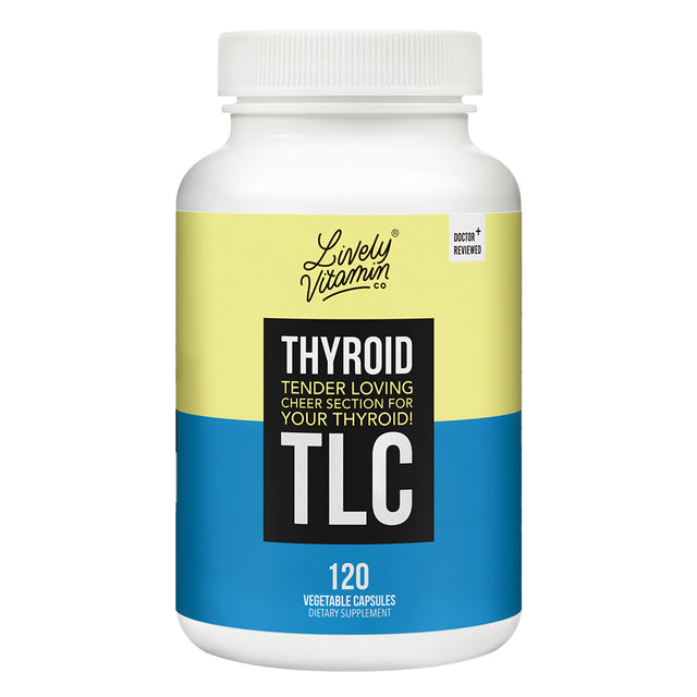 The front label of the Lively Vitamin Thyroid TLC 120 Vegetable Capsules bottle, showcasing the brand logo, product name, and tagline "Tender Loving Cheer Section for Your Thyroid!" in bold typography on a yellow and blue design.