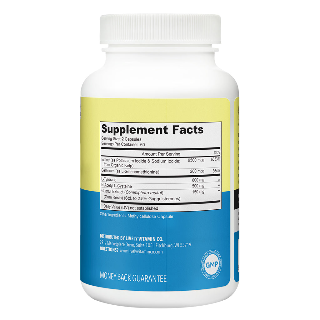 The supplement facts panel of the Lively Vitamin Thyroid TLC 120 Vegetable Capsules bottle, displaying nutritional values, ingredients like iodine, selenium, and guggul extract, serving size, and daily value percentages.