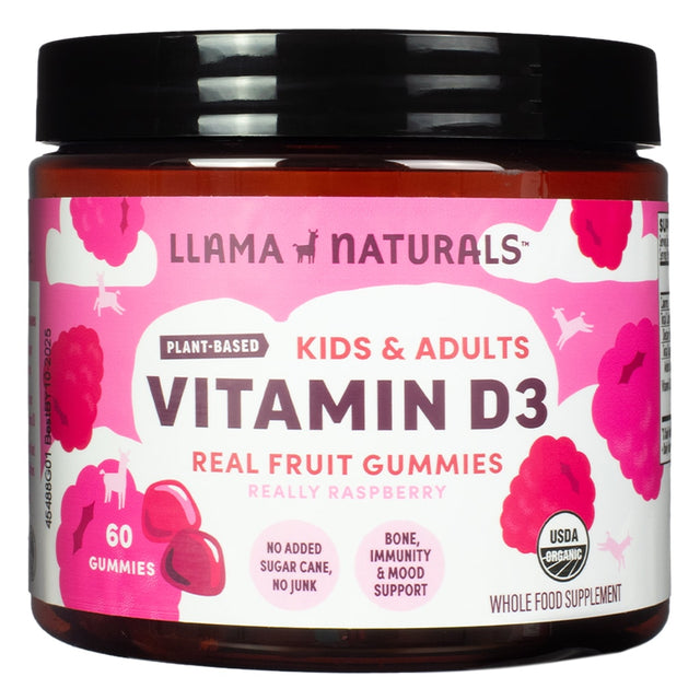 Front of Llama Naturals Kids & Adults Vitamin D3 Gummies 60 gummies raspberry. Organic, plant-based gummies for bone, immunity, and mood support, made without sugar cane or artificial ingredients.