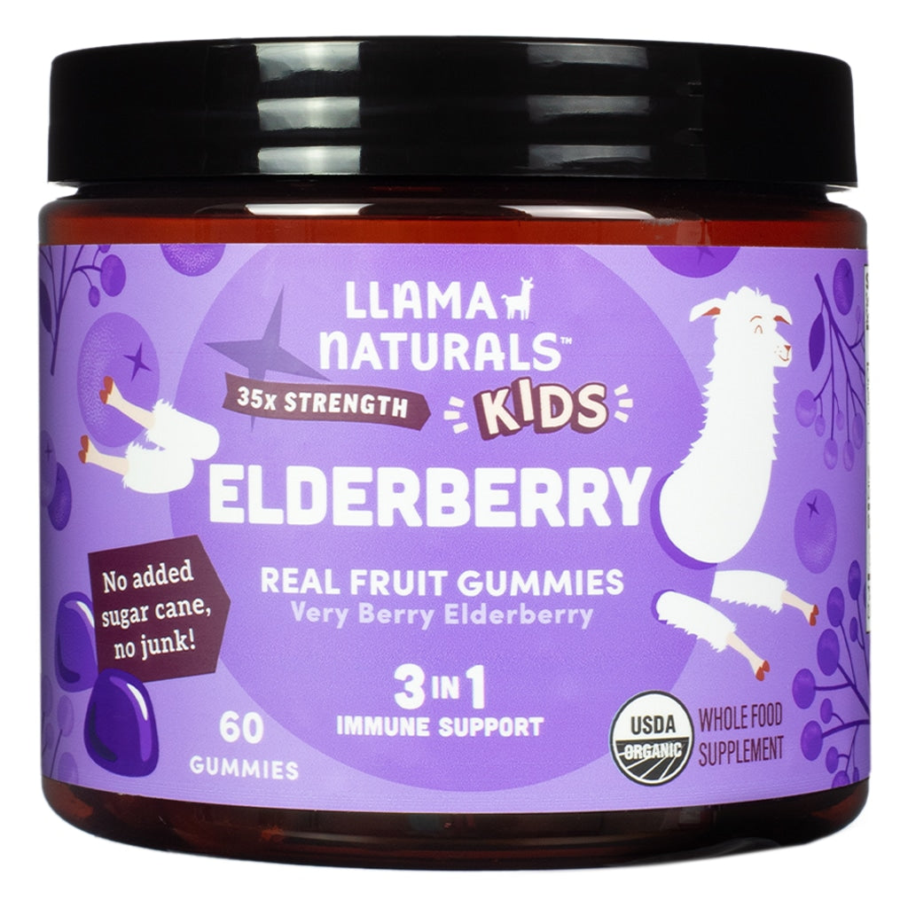 Front of Llama Naturals Kids Elderberry Real Fruit Gummies 60 gummies elderberry. Organic gummies providing immune support with elderberry, featuring no added sugar or artificial fillers.