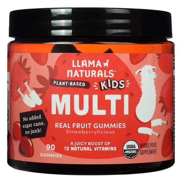 Front of Llama Naturals Kids Plant-Based Multivitamin Gummies (90 count, Strawberry): Real fruit gummies with no added sugar cane, featuring 13 natural vitamins to support kids' health. USDA Organic and whole food supplement.