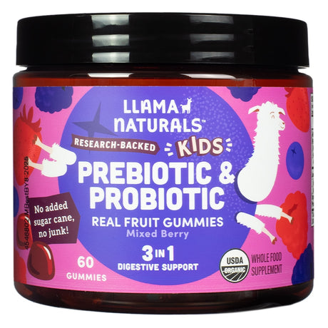 Front of Llama Naturals Kids Prebiotic & Probiotic Gummies 60 gummies mixed berry. Organic, plant-based gummies with 3-in-1 digestive support, containing no added sugar or artificial ingredients.