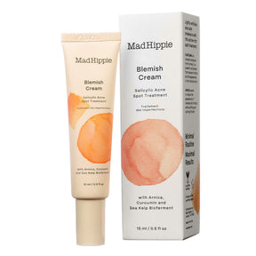 Mad Hippie Blemish Cream 15 ml tube and box with orange watercolor label, salicylic acne spot treatment