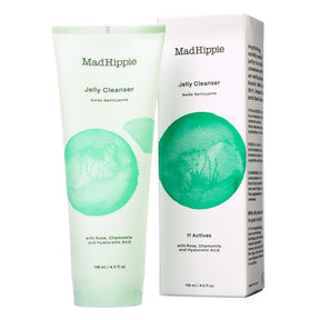 Mad Hippie Jelly Cleanser 4 fl oz tube and box with white packaging and teal watercolor circle design