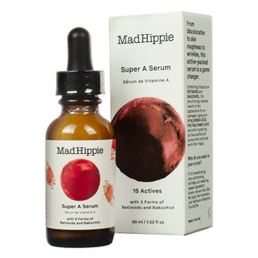 Mad Hippie Super A Serum amber dropper bottle with white label beside white 30 ml / 1.02 fl oz product box