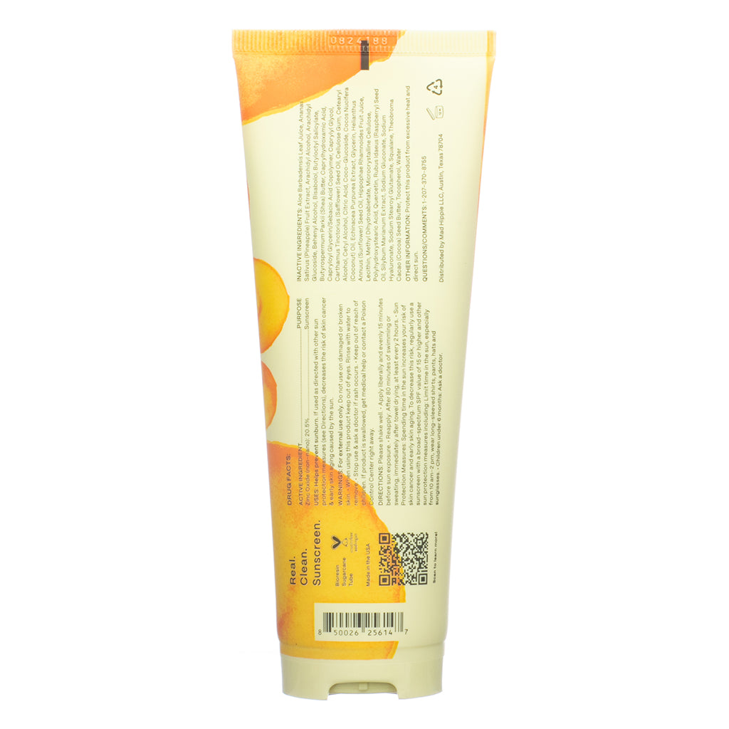 Back view of Mad Hippie Ultra-Sheer Body SPF 40+ UVA/UVB Zinc Oxide Sunscreen 4.0 fl oz, displaying product directions, ingredients, drug facts, and a scannable QR code on a cream and orange tube.


