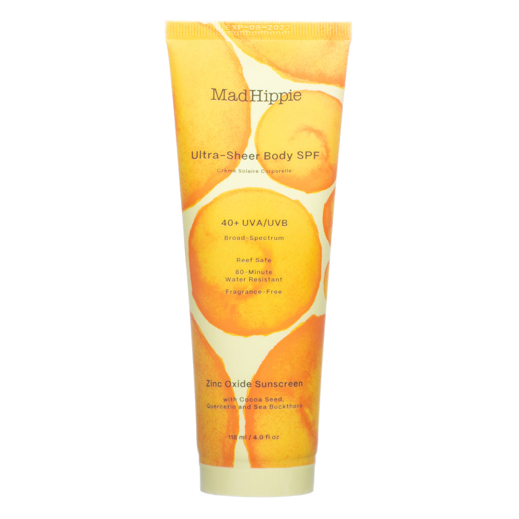 Front view of Mad Hippie Ultra-Sheer Body SPF 40+ UVA/UVB Zinc Oxide Sunscreen 4.0 fl oz, showcasing its bright orange design and highlighting reef-safe, fragrance-free, and 80-minute water resistance features.