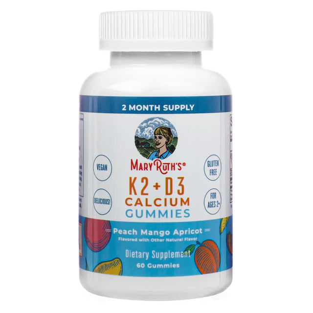 Front of MaryRuth's K2 + D3 Calcium Gummies 60 gummies Peach Mango Apricot. Vegan, sugar-free, and gluten-free dietary supplement supporting calcium absorption for kids ages 2+.