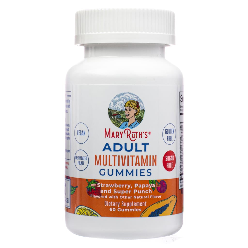 Front of MaryRuth's Adult Multivitamin Gummies 60 gummies, Strawberry, Papaya, and Super Punch flavor. Vegan, sugar-free, and gluten-free dietary supplement featuring methylated folate for comprehensive adult wellness.