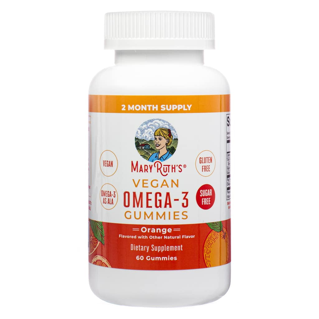 Front of MaryRuth's Vegan Omega-3 Gummies 60 gummies Orange flavor. Sugar-free and gluten-free dietary supplement with Omega-3 ALA in a vegan-friendly gummy.