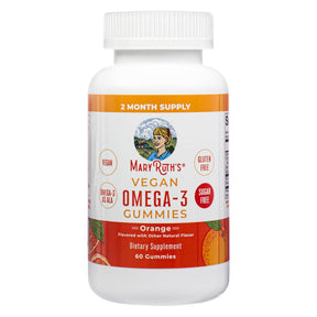 MaryRuth Adult Vegan Omega-3 Gummies orange flavor, white bottle with orange label, 60 gummies