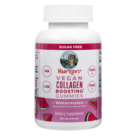 Front of MaryRuth's Vegan Collagen Boosting Gummies 90 gummies watermelon. Sugar-free vegan supplement with L-lysine, Vitamin A, and Vitamin C, designed to support collagen production.