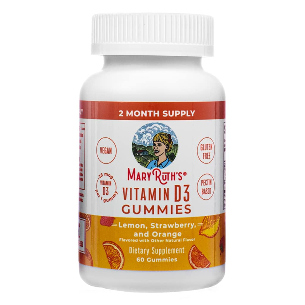 Front of MaryRuth's Vitamin D3 Gummies 60 gummies lemon, strawberry, and orange. Vegan, pectin-based, and gluten-free dietary supplement providing 25 mcg Vitamin D3 per gummy.