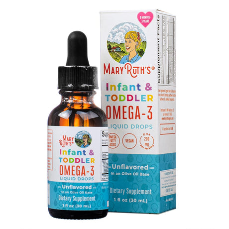 Front of MaryRuth's Infant & Toddler Omega-3 Liquid Drops 1 fl oz (30 mL) unflavored. Vegan DHA supplement for ages 6 months to 3 years, in an olive oil base for healthy development.