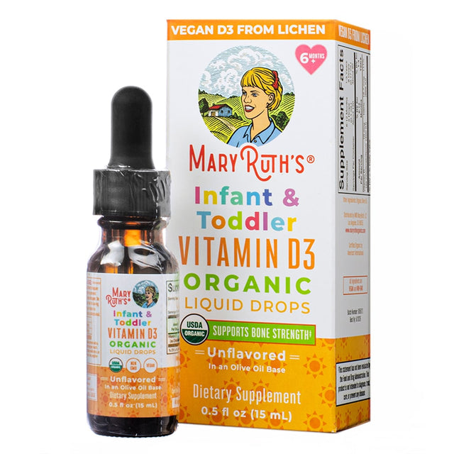 Front of MaryRuth's Infant & Toddler Vitamin D3 Organic Liquid Drops 0.5 fl oz (15 mL) unflavored. Vegan, USDA organic, and olive oil-based dietary supplement designed to support bone strength for infants 6 months+.