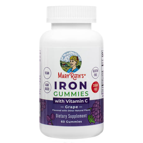 Front of MaryRuth's Iron Gummies 60 gummies grape. Sugar-free, agar-based, and vegan dietary supplement fortified with vitamin C to support iron absorption and energy.