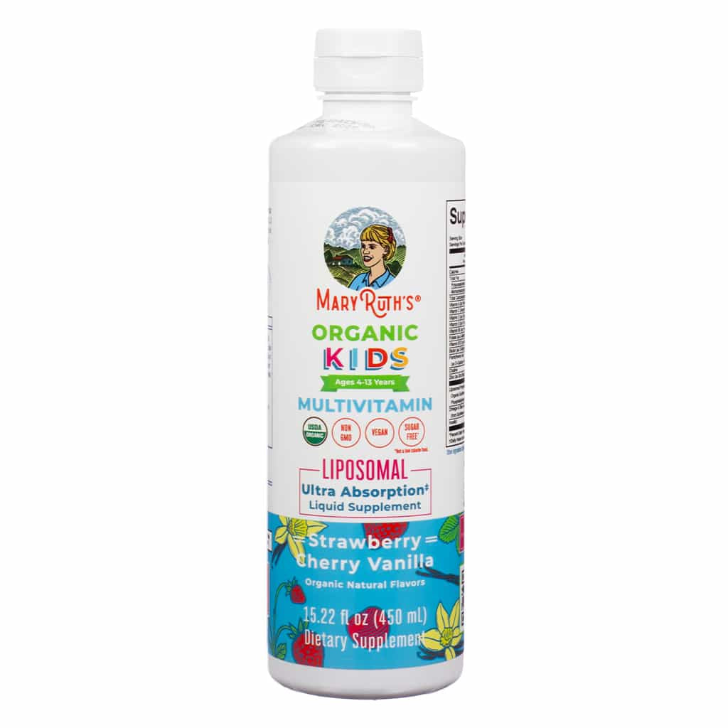 A tall white bottle with colorful labeling showing "MaryRuth’s Organic Kids Multivitamin." This liposomal ultra-absorption liquid supplement is for ages 4–13, with strawberry, cherry, and vanilla flavors, offering 15.22 fluid ounces (450 mL) of USDA organic, vegan, and sugar-free vitamins.