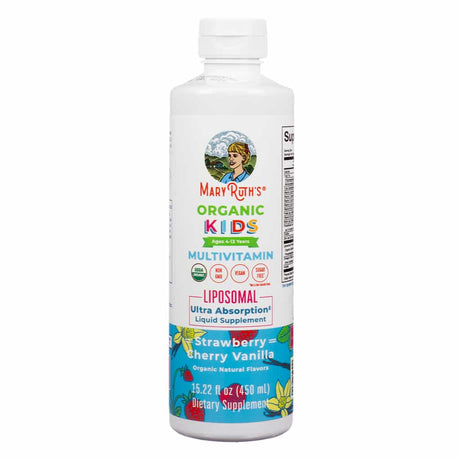 A tall white bottle with colorful labeling showing "MaryRuth’s Organic Kids Multivitamin." This liposomal ultra-absorption liquid supplement is for ages 4–13, with strawberry, cherry, and vanilla flavors, offering 15.22 fluid ounces (450 mL) of USDA organic, vegan, and sugar-free vitamins.