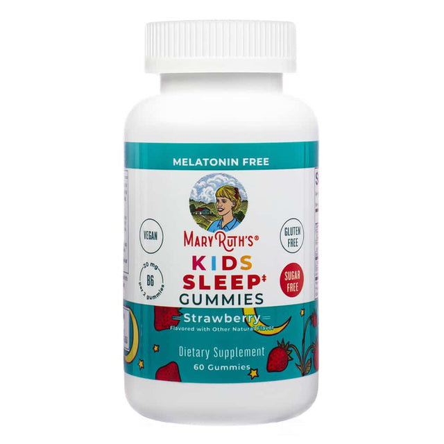 Front of MaryRuth's Kids Sleep Gummies 60 gummies strawberry. Melatonin-free formula with 20 mg vitamin B6, sugar-free, vegan, and gluten-free, supporting restful sleep for kids.