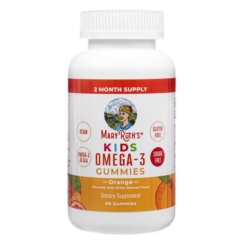 Front of MaryRuth's Kids Omega-3 Gummies 60 gummies Orange. Supports daily Omega-3 intake with ALA, sugar-free, vegan, and gluten-free formula for kids.