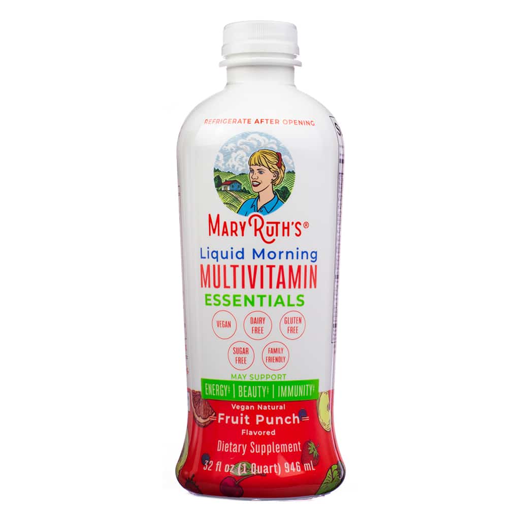 Front of MaryRuth’s Liquid Morning Multivitamin Essentials 32 fl oz (1 Quart) featuring a vegan, gluten-free, and sugar-free fruit punch flavor. Provides energy, beauty, and immunity support.