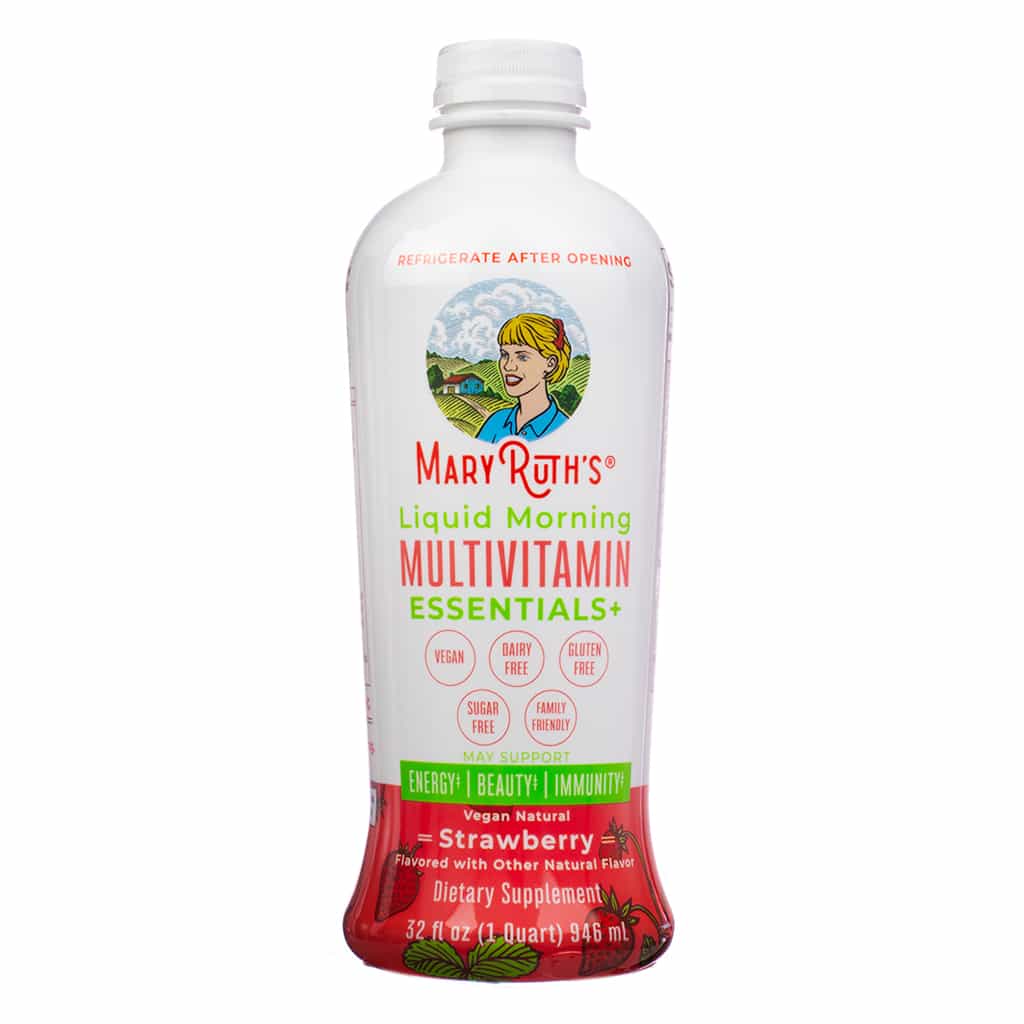 Front of MaryRuth’s Liquid Morning Multivitamin Essentials+ 32 fl oz (1 Quart) with a vegan, gluten-free, and sugar-free strawberry flavor. Promotes energy, beauty, and immunity.