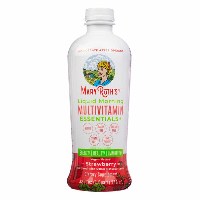 Front of MaryRuth’s Liquid Morning Multivitamin Essentials+ 32 fl oz (1 Quart) with a vegan, gluten-free, and sugar-free strawberry flavor. Promotes energy, beauty, and immunity.