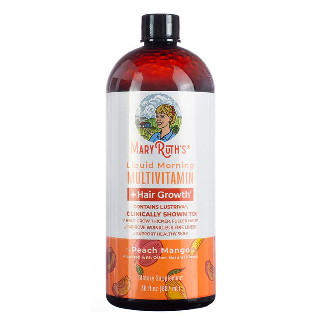 Front of MaryRuth's Liquid Morning Multivitamin + Hair Growth 30 fl oz (887 mL) Peach Mango. Includes clinically shown Lustriva® to support thicker hair, healthy skin, and wrinkle reduction, sugar-free and vegan formula.