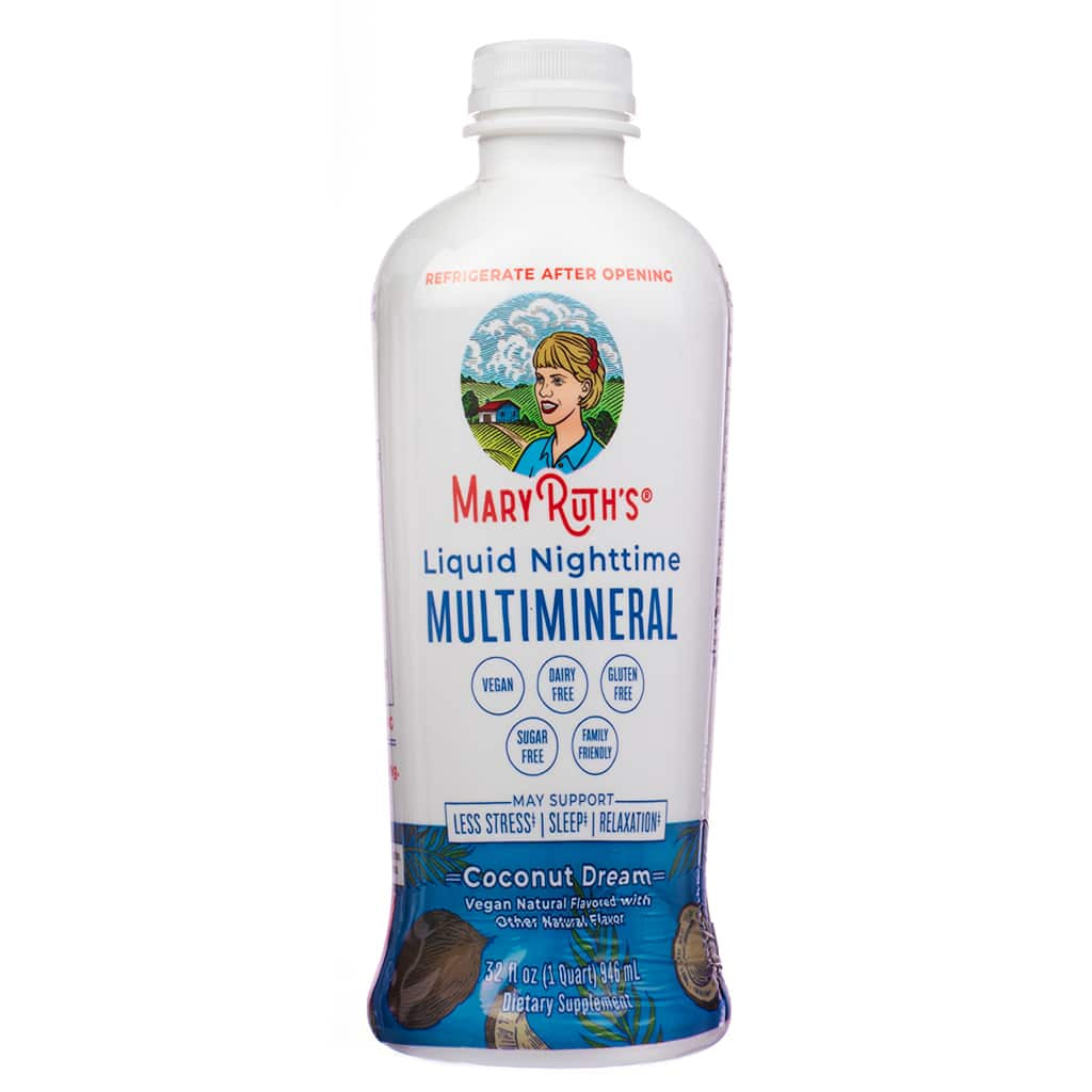 Front of MaryRuth’s Liquid Nighttime Multimineral 32 fl oz (1 Quart) in a vegan, gluten-free, and sugar-free coconut dream flavor. Supports stress reduction, sleep, and relaxation.