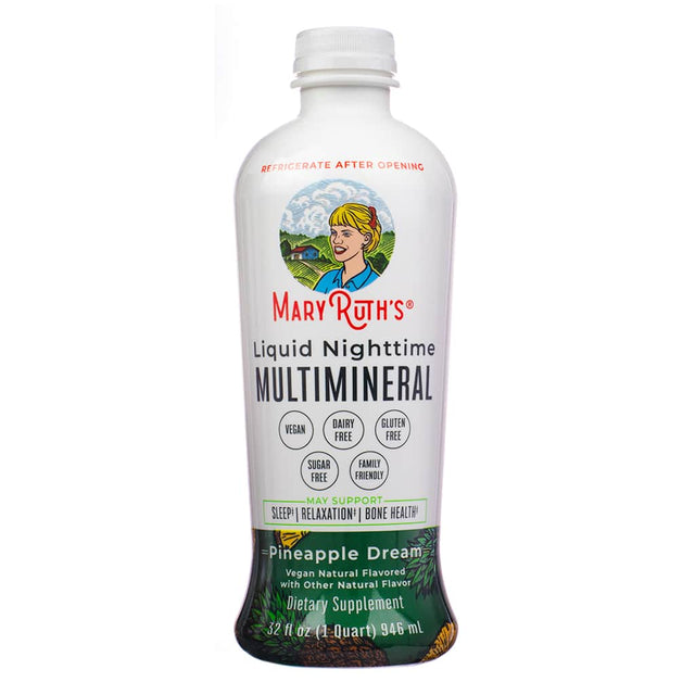 Front of MaryRuth's Liquid Nighttime Multimineral 32 fl oz featuring a vegan, dairy-free, and gluten-free composition. Pineapple Dream flavor supports sleep, relaxation, and bone health