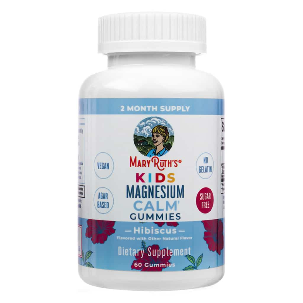 Front of MaryRuth's Kids Magnesium Calm Gummies 60 gummies featuring a sugar-free hibiscus flavor. Supports relaxation for kids, made with an agar-based, vegan, and gelatin-free composition.