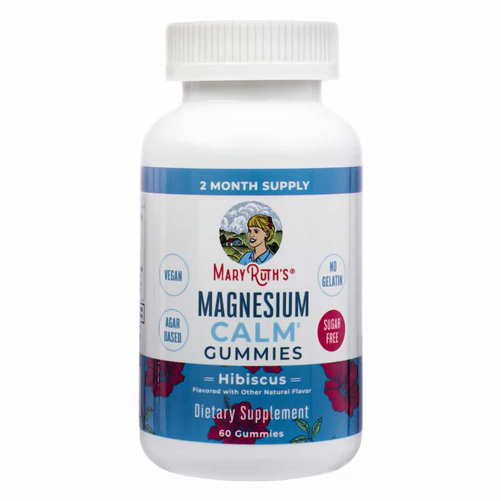 Front of MaryRuth's Magnesium Calm Gummies 60 count in a sugar-free hibiscus flavor. Aids in relaxation and calmness, made with an agar-based and vegan formula.