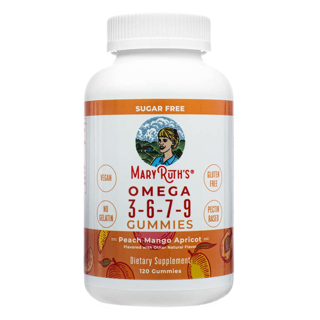 Front of MaryRuth's Omega 3-6-7-9 Gummies, 120 count, in a sugar-free formula with peach, mango, and apricot flavors. Promotes overall health with a vegan, gluten-free, and pectin-based formulation.