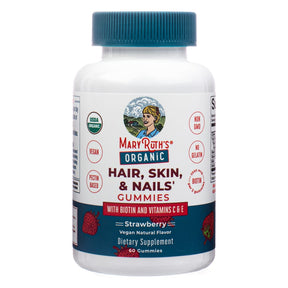 MaryRuth Organic Hair, Skin, & Nails Gummies strawberry, white bottle with blue cap and label, 60 gummies