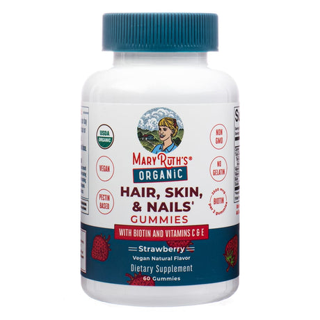 Front of the MaryRuth’s Organic Hair, Skin, & Nails Gummies 60 gummies features its strawberry flavor enriched with biotin, vitamins C and E. These pectin-based gummies are USDA organic, vegan, non-GMO, and formulated to support overall beauty wellness.