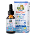 Front of the MaryRuth’s Organic Infant Liquid Probiotic 1 fl oz (30 mL) highlights its unflavored formula containing 5 strains and 400 million CFU per serving. It supports gut health for infants aged 6-12 months, USDA organic, non-GMO, and vegan certified.