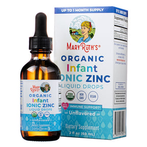 MaryRuth Organic Infant Ionic Zinc Liquid Drops amber dropper bottle and box, blue label, unflavored, 2 fl oz 60 mL
