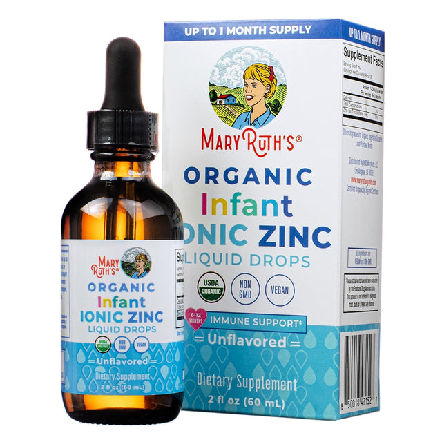 Front of the MaryRuth’s Organic Infant Ionic Zinc Liquid Drops 2 fl oz (60 mL) showcases its unflavored formula designed for immune support for infants aged 6-12 months. It is USDA organic, non-GMO, vegan certified, and provides essential ionic zinc.