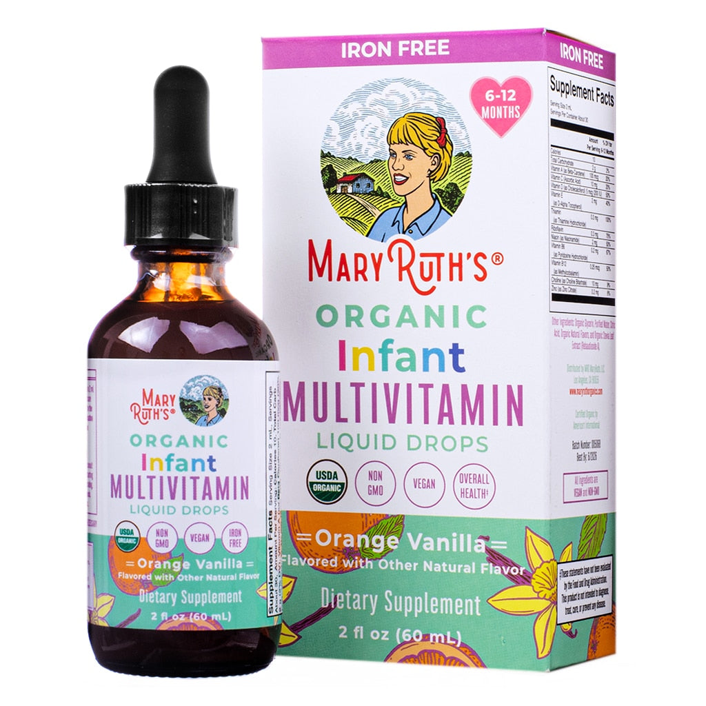 Front of the MaryRuth’s Organic Infant Multivitamin Liquid Drops 2 fl oz bottle and box. Highlights orange vanilla flavor, with added iron, non-GMO, USDA organic, vegan, and for overall health. Intended for infants aged 6–12 months.