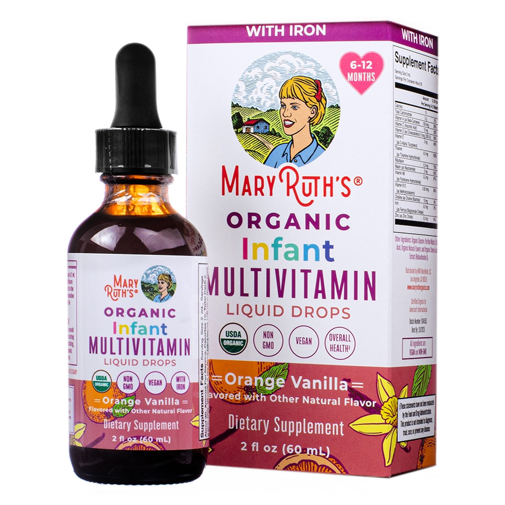 Front of the MaryRuth’s Organic Infant Multivitamin Liquid Drops 2 fl oz bottle and box. Features orange vanilla flavor, labeled as iron-free, non-GMO, USDA organic, vegan, and for overall health. Designed for infants aged 6–12 months.