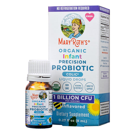 Front of the MaryRuth’s Organic Infant Precision Probiotic Colic+ Liquid Drops (0.27 fl oz / 8 mL). The unflavored formula contains 1 billion CFU per serving, providing targeted support for occasional GI distress in newborns. USDA Organic, Non-GMO, and vegan.