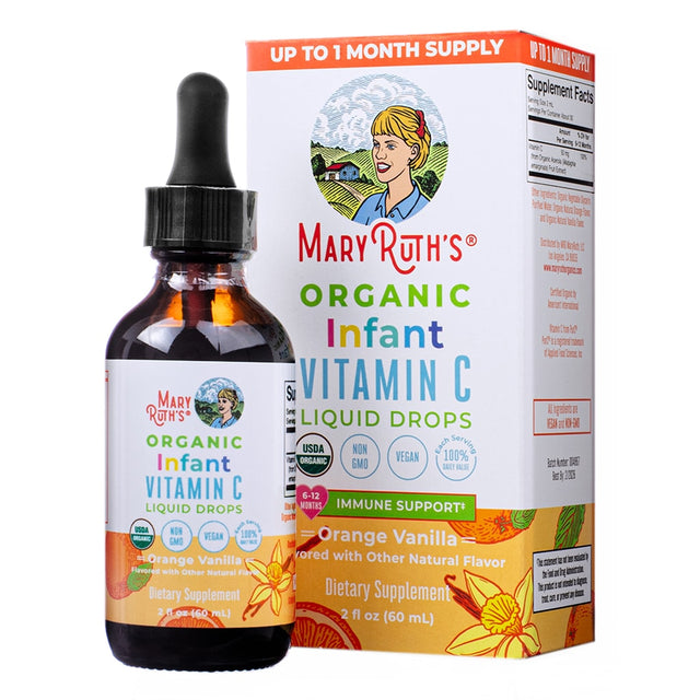 Front of the MaryRuth’s Organic Infant Vitamin C Liquid Drops (2 fl oz / 60 mL). The orange vanilla-flavored formula offers immune support for infants aged 6–12 months with 100% daily value of Vitamin C. USDA Organic, Non-GMO, and vegan.